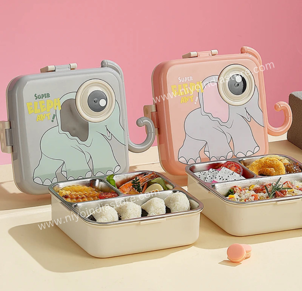 NIYO TOYS Super Elephant Lunch Box in Pink and Gray with Fun Elephant Design and Food Compartments
