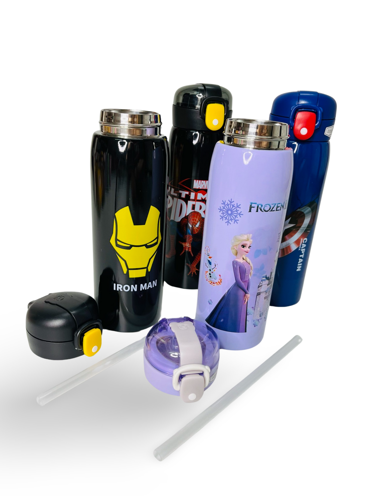 Colorful 500ml superhero water bottle collection featuring Iron Man, Spiderman, and Frozen designs