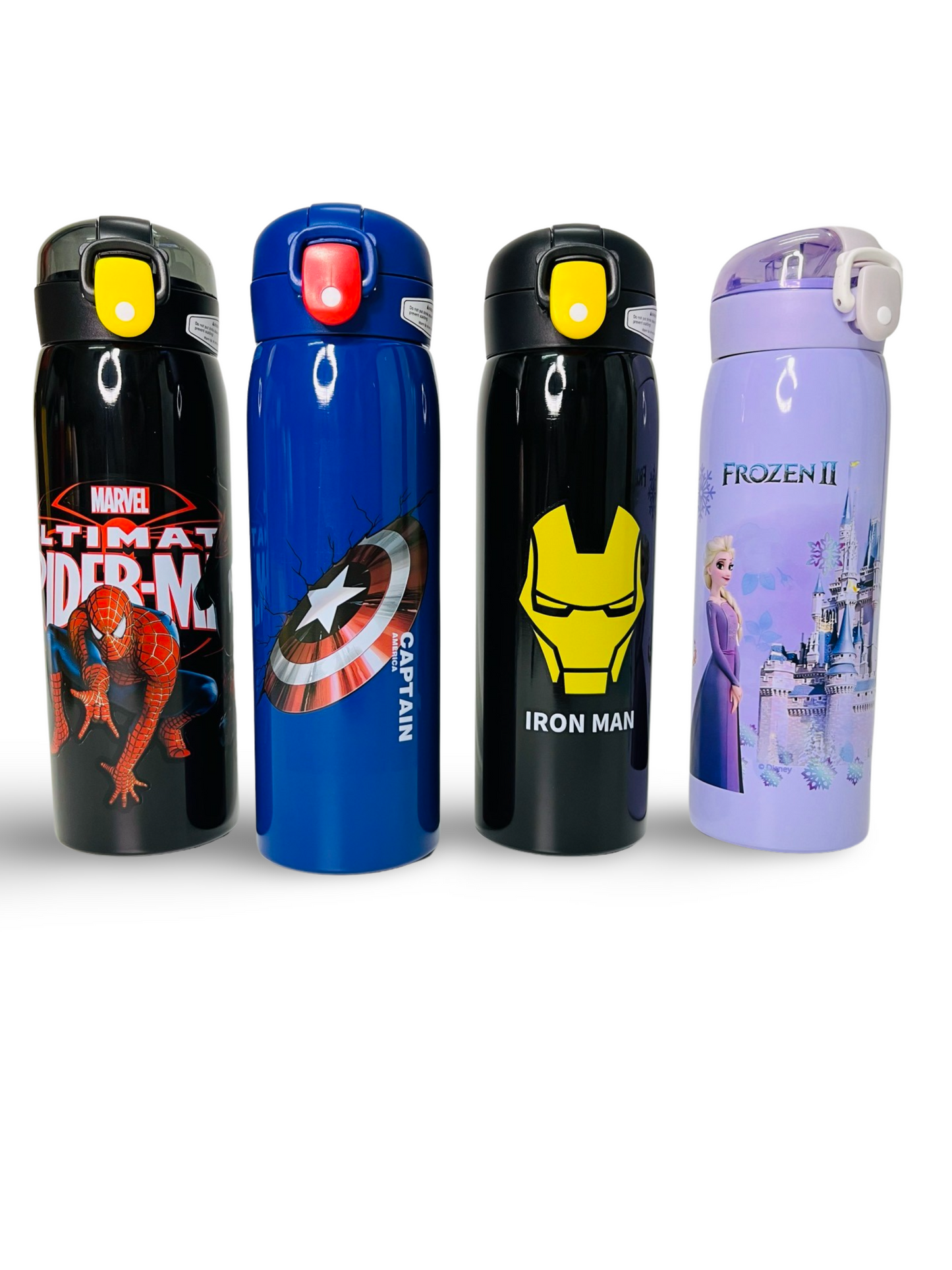 Set of four 500ml superhero water bottles featuring Spider-Man, Captain America, Iron Man, and Frozen II designs