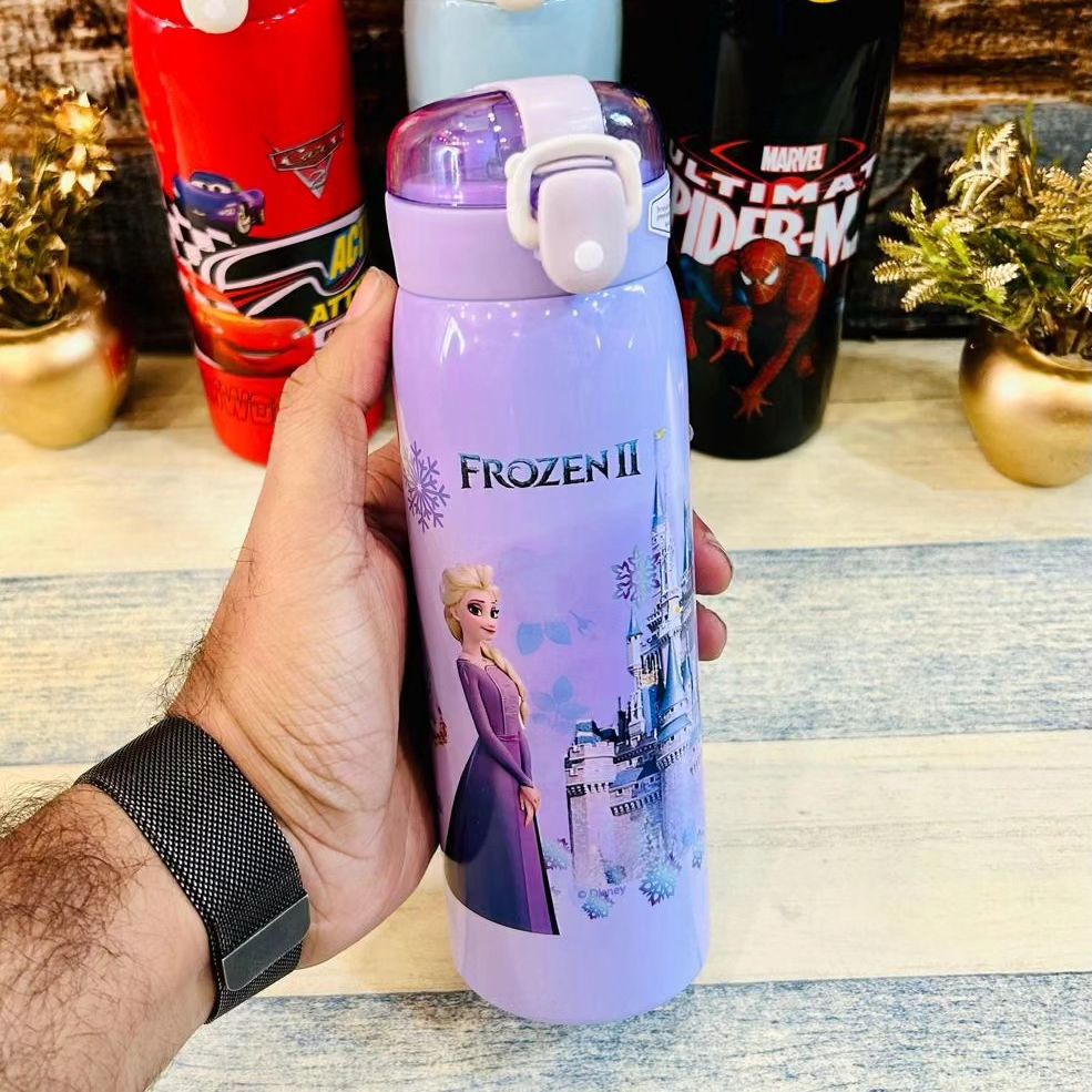 NIYO TOYS 500ml superhero water bottle featuring Frozen II character design with a convenient flip-top lid