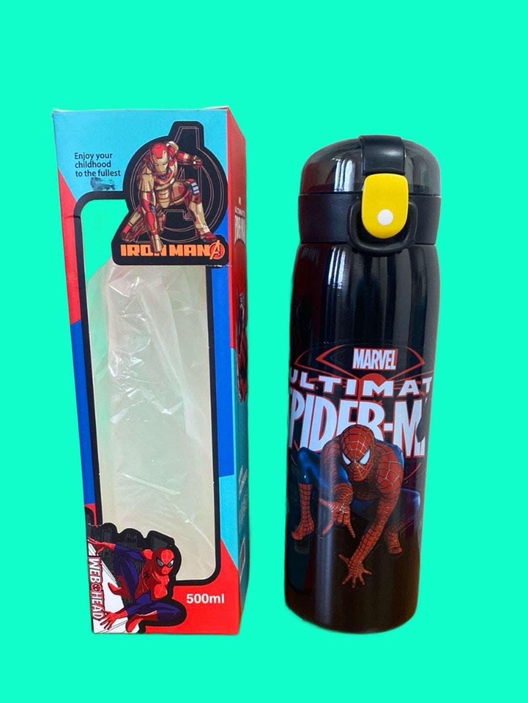 NIYO TOYS 500ml superhero water bottle featuring Iron Man and Spider-Man graphics
