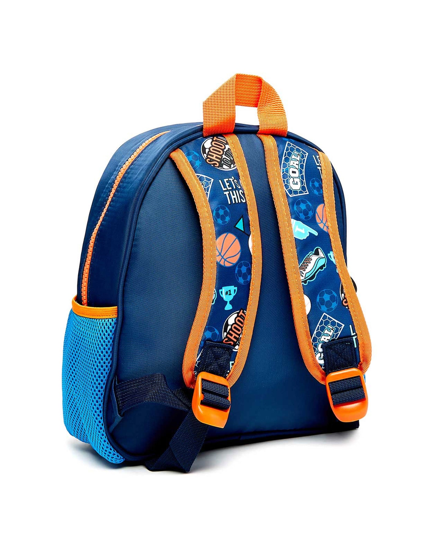 My Store toddler backpack with pouches in navy blue featuring fun sports-themed designs