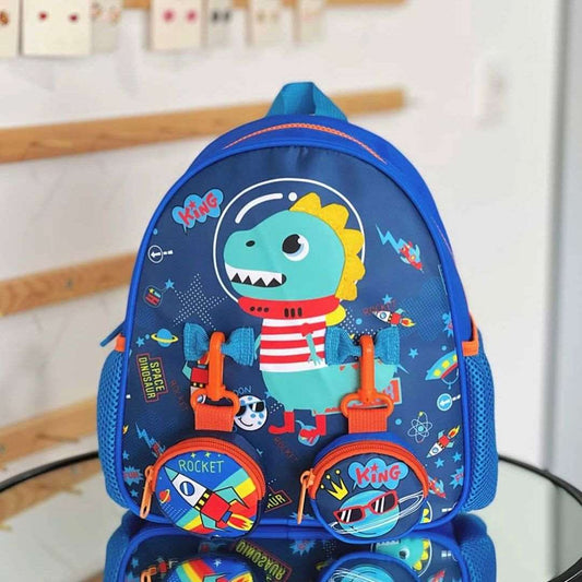 Colorful toddler backpack with pouches featuring a dinosaur design and playful accessories