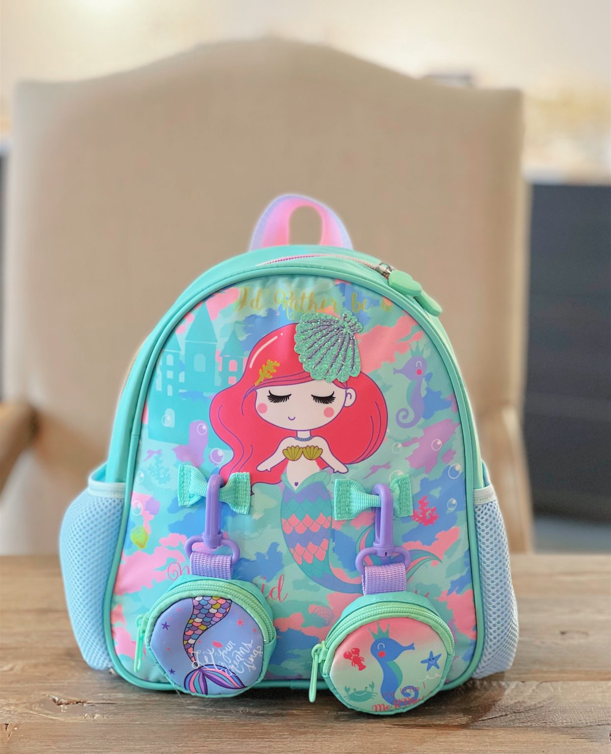 My Store toddler backpack with pouches featuring a colorful mermaid design and adjustable straps
