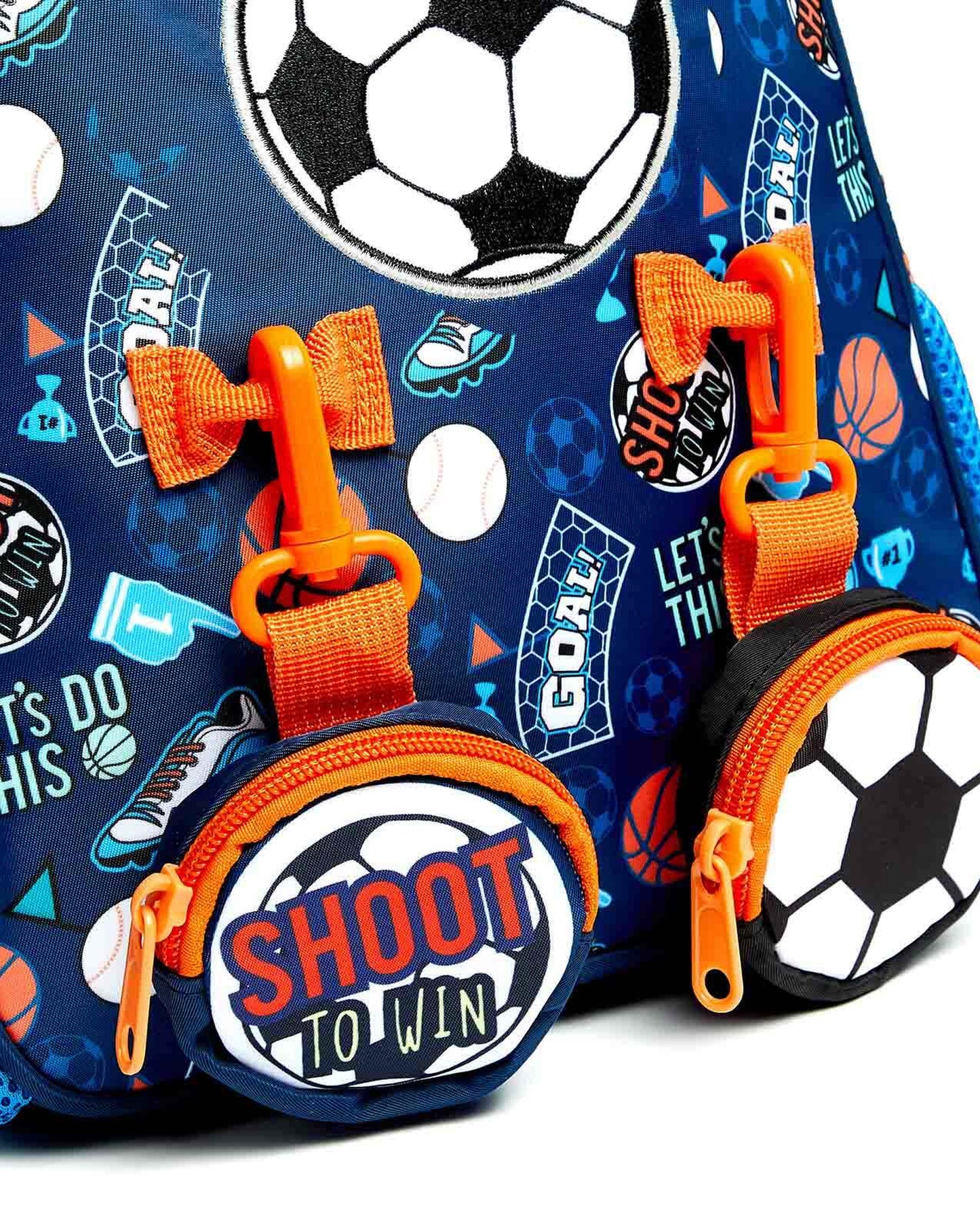 My Store toddler backpack with pouches featuring soccer ball designs and bright colors