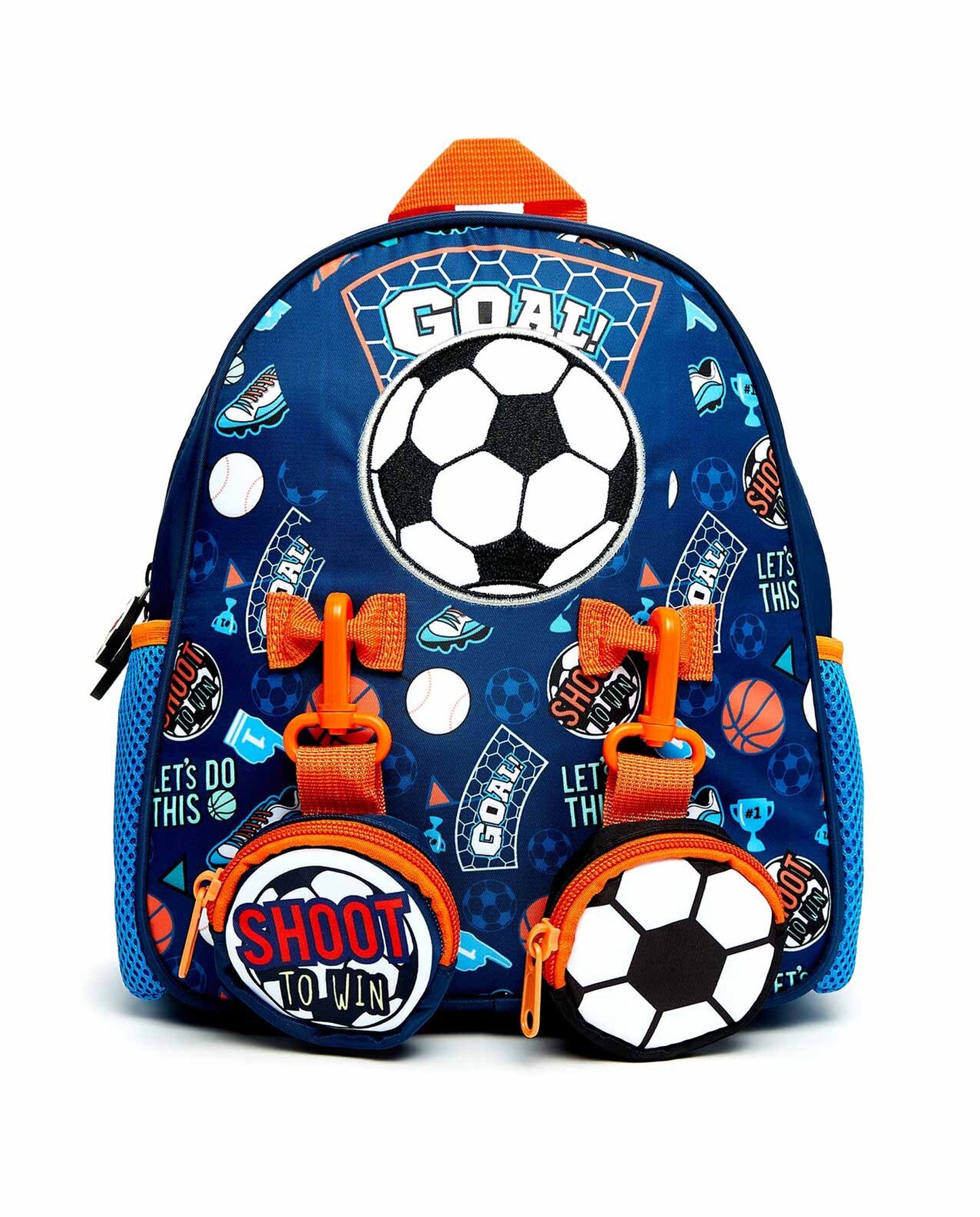 Blue toddler backpack with pouches featuring a soccer theme, perfect for young sports fans