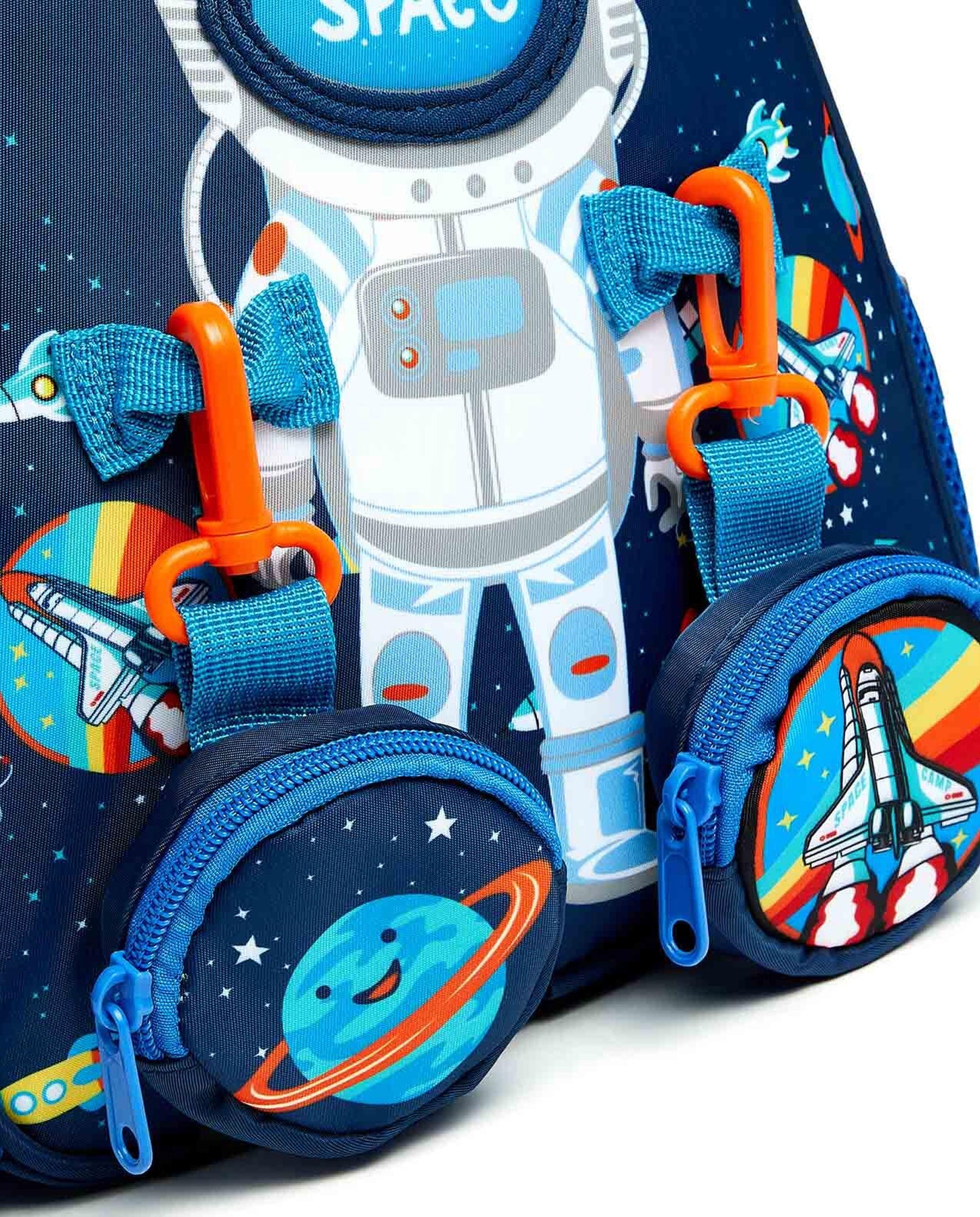 My Store toddler backpack with pouches featuring a space theme and colorful astronaut design