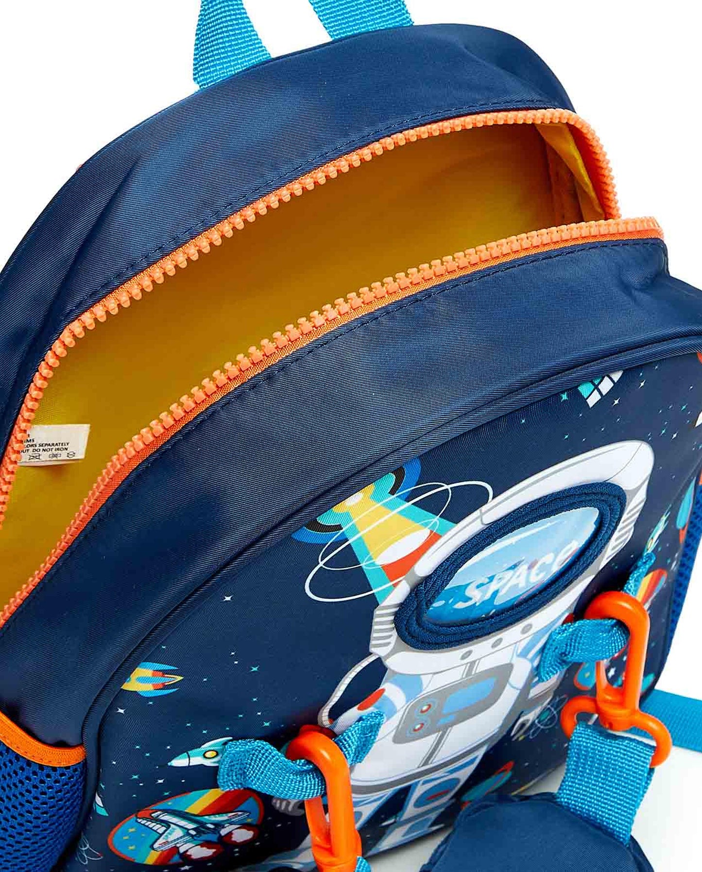 Colorful toddler backpack with pouches featuring a space theme and vibrant zippers