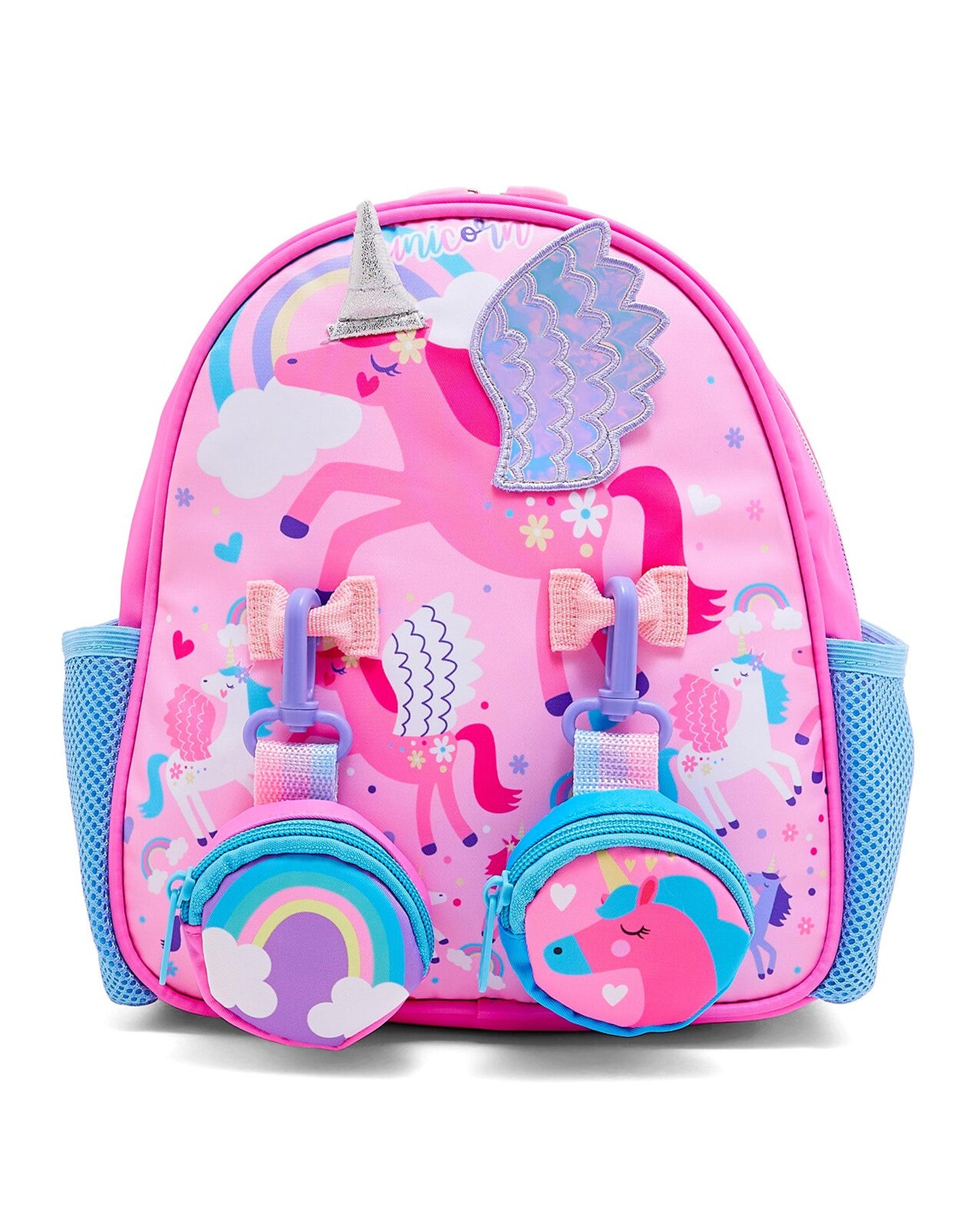 My Store toddler backpack with pouches featuring colorful unicorn designs and rainbow details
