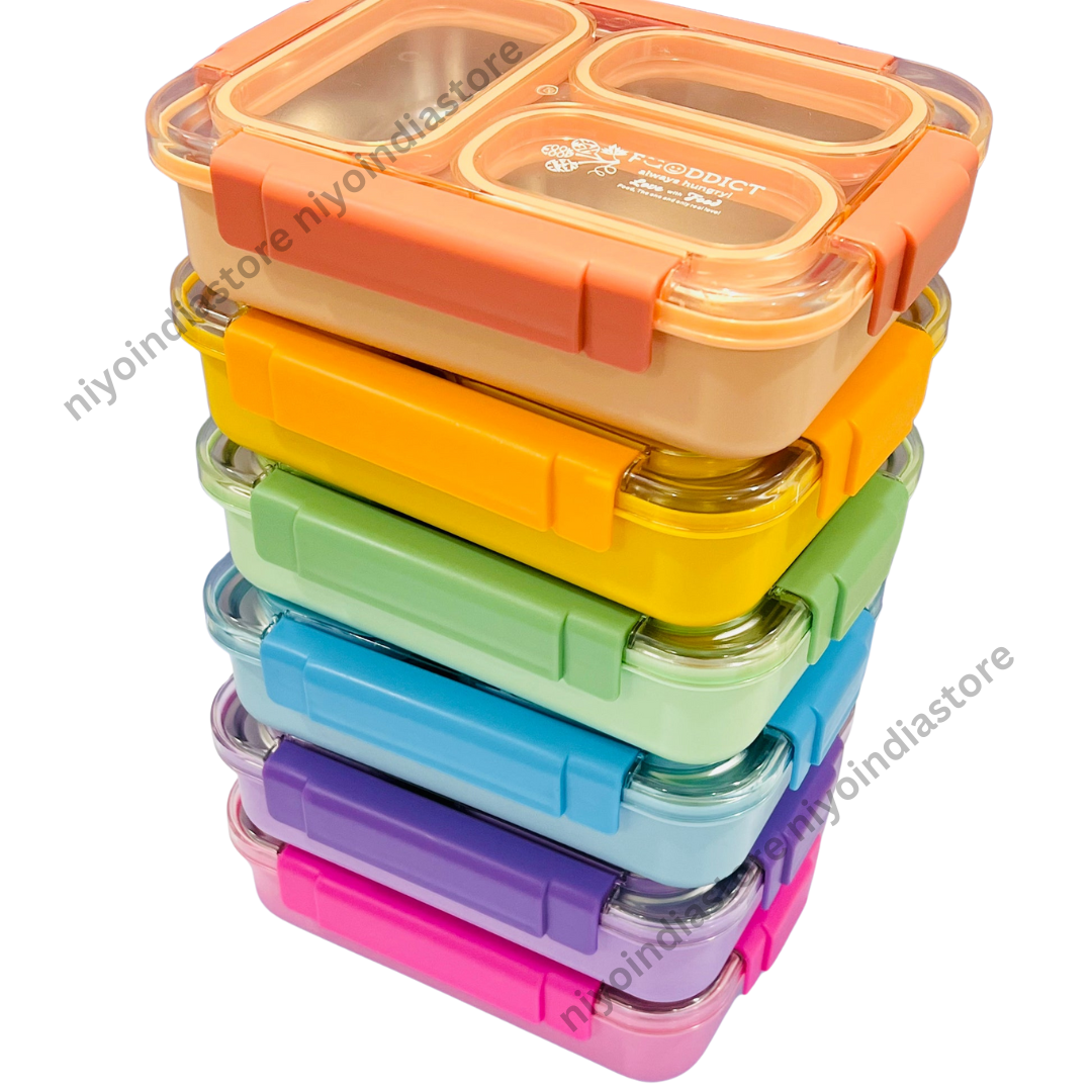Colorful NIYO TOYS spill-proof kids lunchbox stack with multiple compartments for easy meal organization