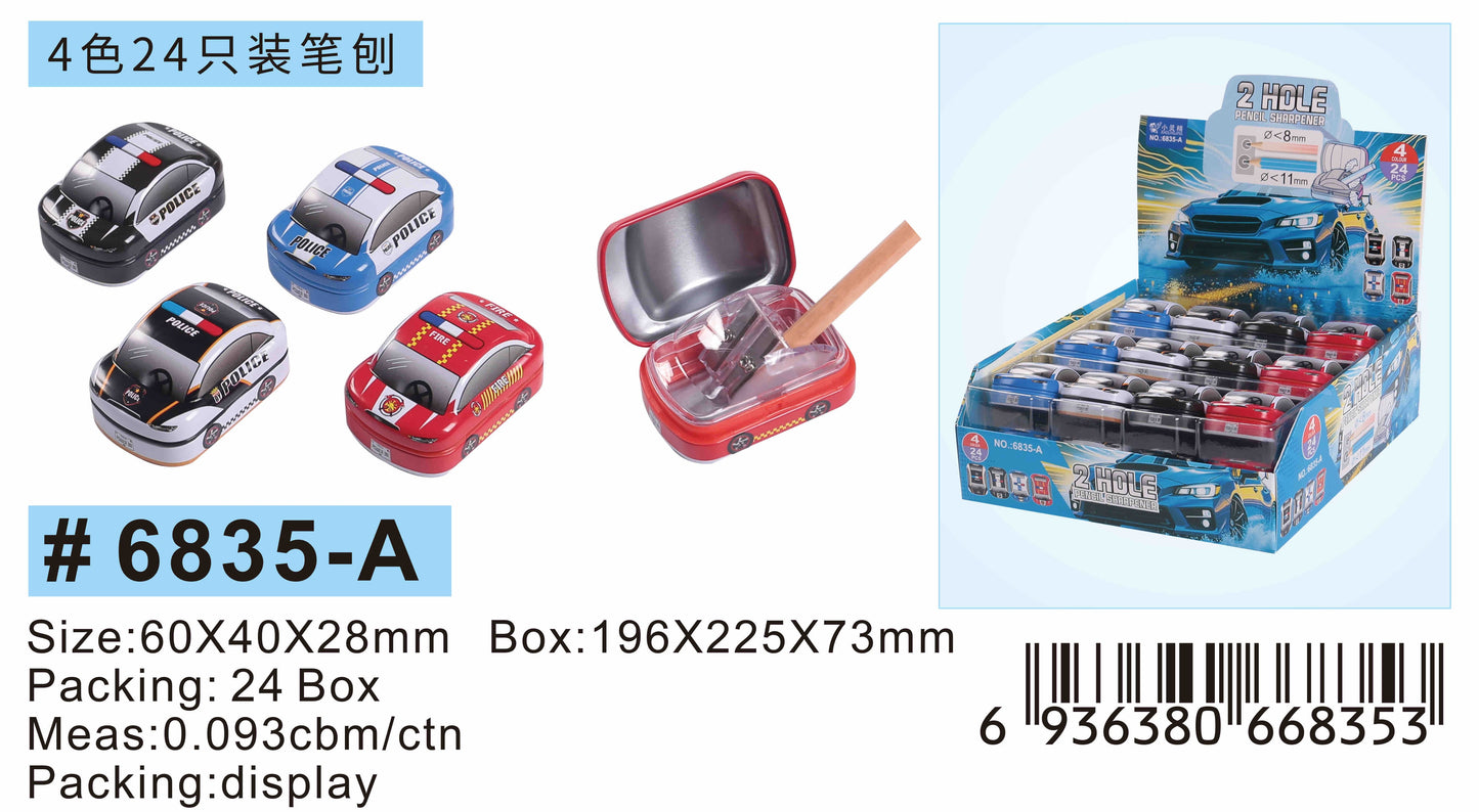 NIYO TOYS car-shaped pencil sharpener set in red, blue, white, and black, designed for ages 3+, perfect for school use