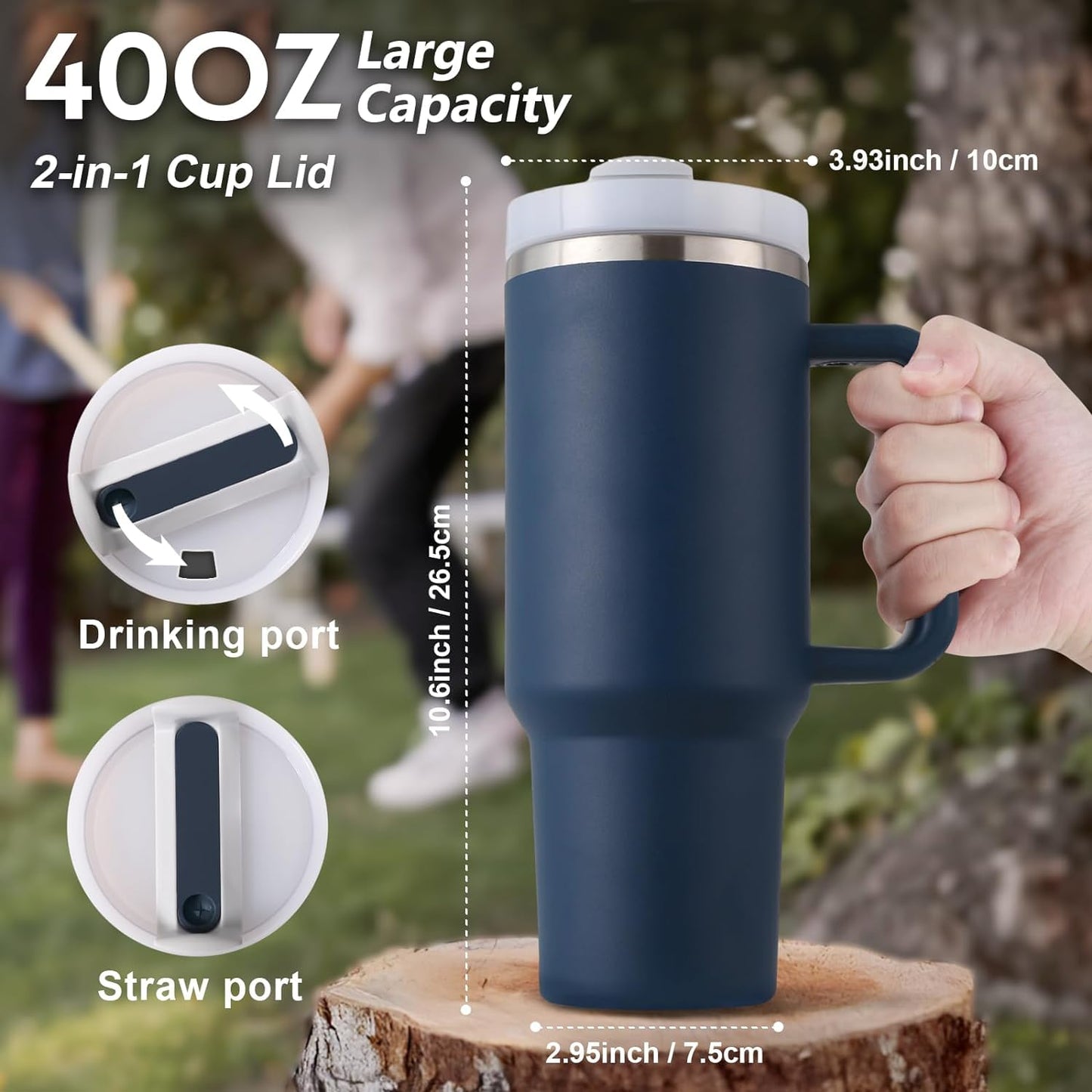 NIYO TOYS 40oz Travel Tumbler for hot and cold drinks with 2-in-1 cup lid and easy-grip handle