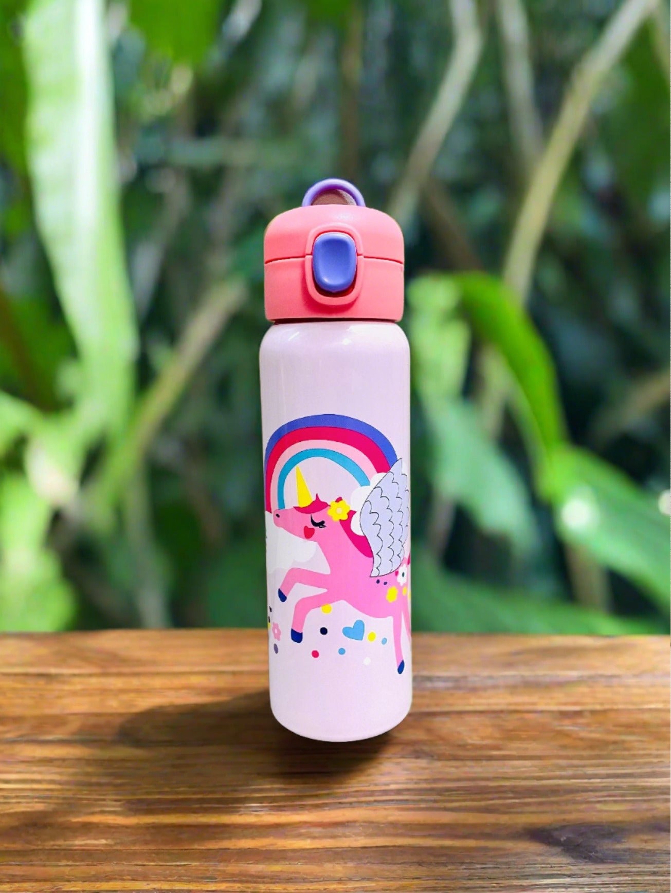 NIYO TOYS 750ml trendy water bottle featuring a colorful unicorn and rainbow design