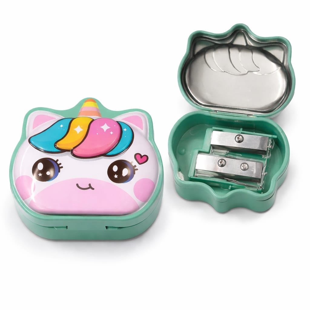 Green unicorn sharpener with cute design, suitable for age 3+, perfect for school supplies and art projects