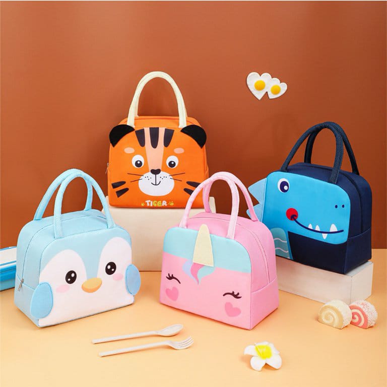 NIYO TOYS unique animal design lunch bags featuring a tiger, penguin, unicorn, and shark for kids