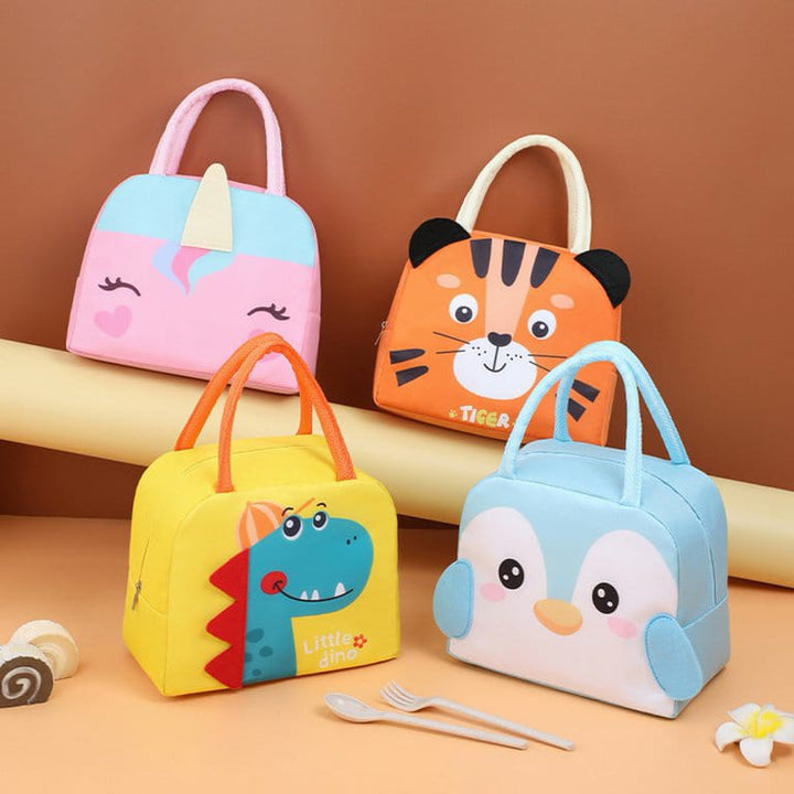 Unique animal design lunch bags featuring a unicorn, tiger, dinosaur, and penguin for kids