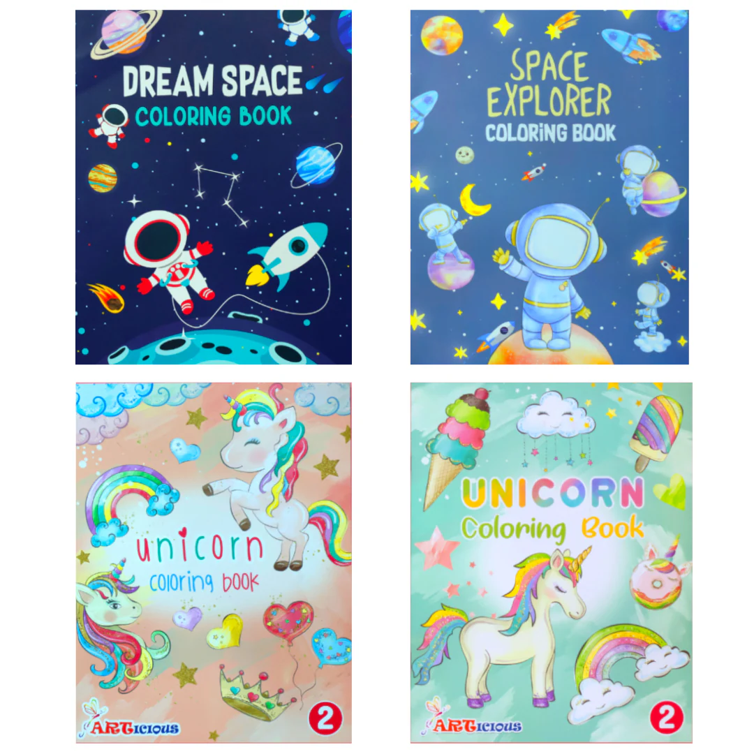 NIYO TOYS pencil colors set featuring four vibrant coloring books with space and unicorn themes