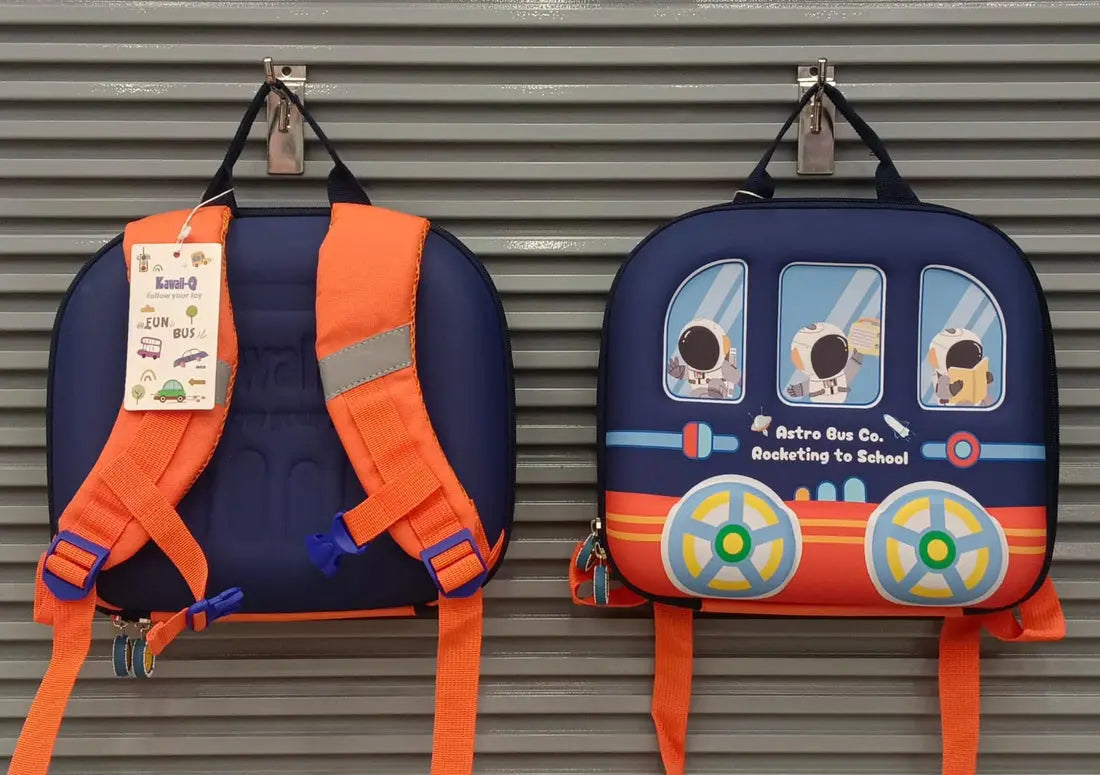 NIYO TOYS School Backpack in Blue with Cartoon Bus Design and Orange Straps for Kids