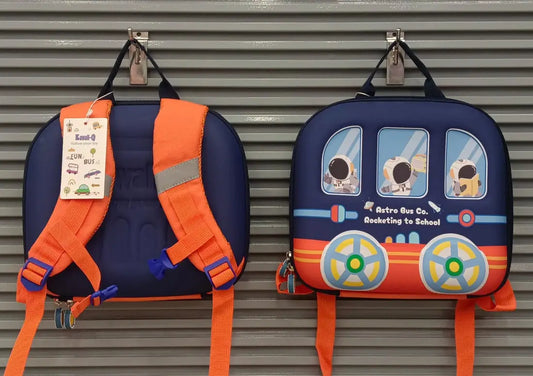 NIYO TOYS School Backpack in Blue with Cartoon Bus Design and Orange Straps for Kids