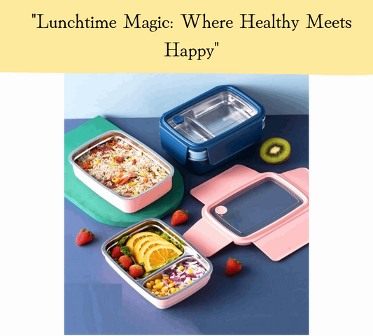 Niyo Toys stainless steel double-decker lunch box with blue and pink compartments filled with healthy meals and fruits
