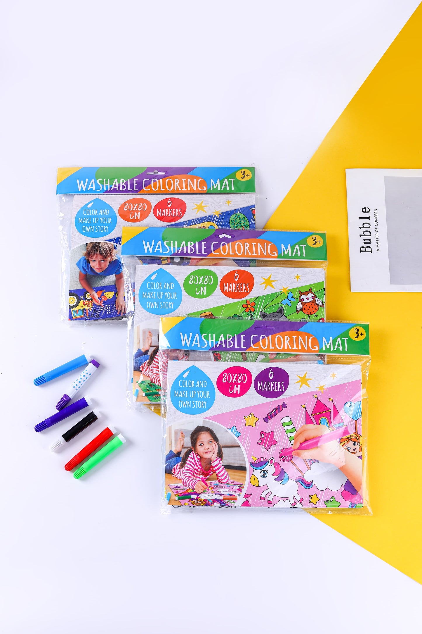 NIYO TOYS Washable Coloring Mat for Kids in colorful packages with included markers and creative designs