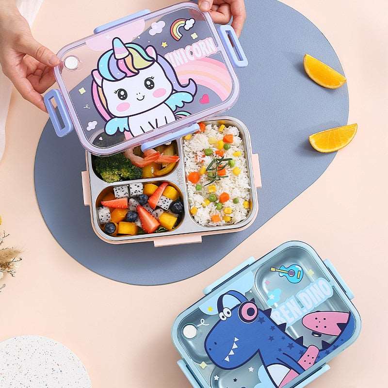 Colorful NIYO TOYS lunch box with unicorn and dinosaur design, age 3+, includes a water flask stainless steel