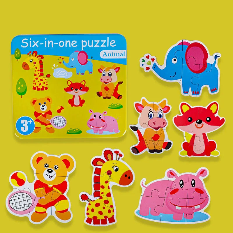 NIYO TOYS Six-in-One Animal Wooden Jigsaw Puzzles for Kids featuring colorful animal pieces