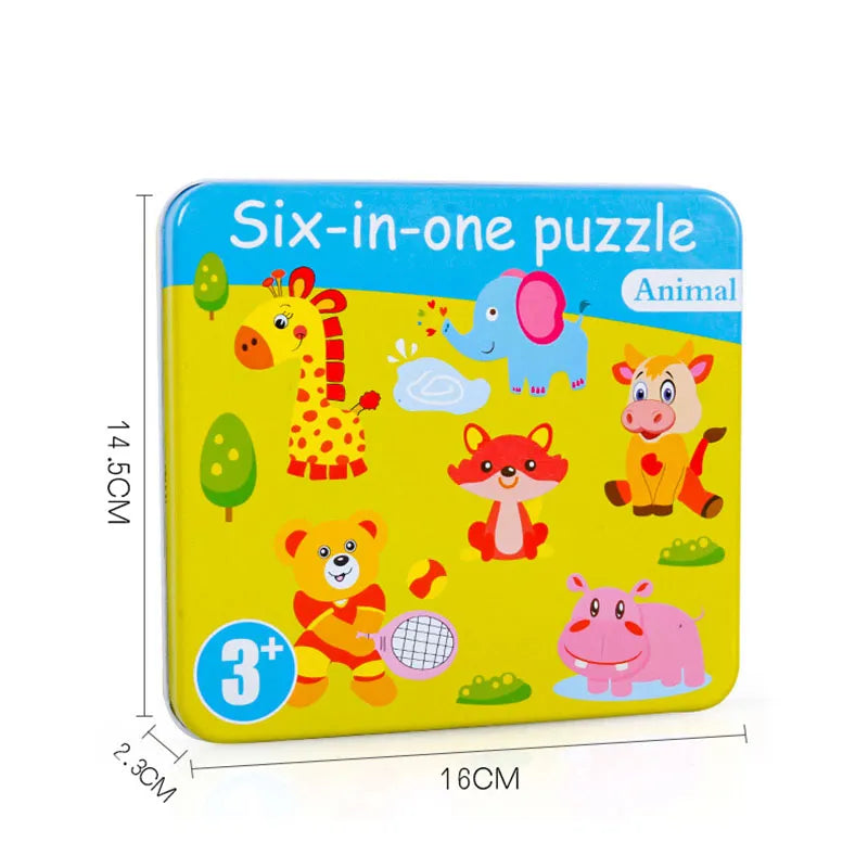 Colorful NIYO TOYS six-in-one wooden jigsaw puzzles for kids featuring animals and vibrant illustrations