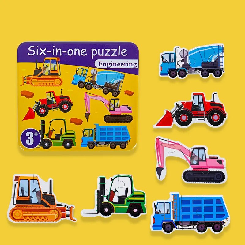 NIYO TOYS Six-in-One Wooden Jigsaw Puzzles for Kids Featuring Colorful Construction Vehicles
