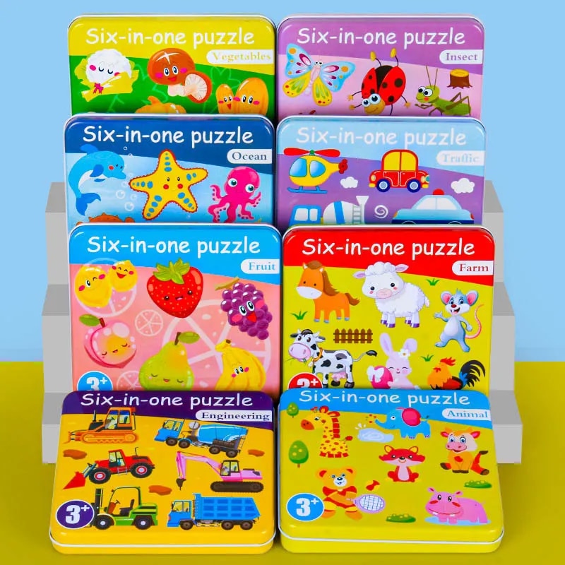 Colorful NIYO TOYS six-in-one wooden jigsaw puzzles for kids featuring various themes and characters
