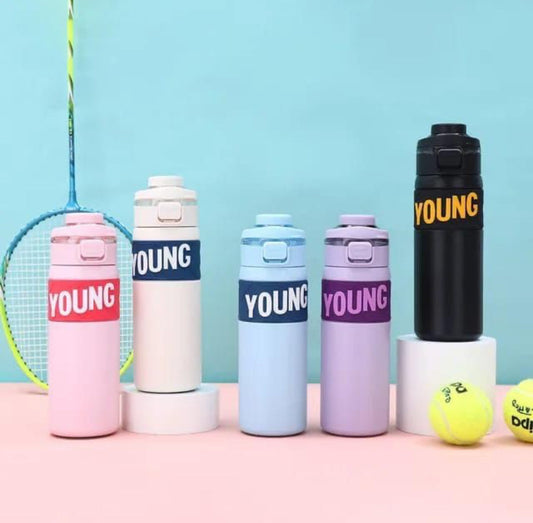 NIYO TOYS double-walled stainless steel bottle for kids in pink white blue purple and black colors with sports-themed background