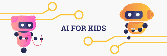 Colorful cartoon robots promoting AI for kids with engaging technology elements