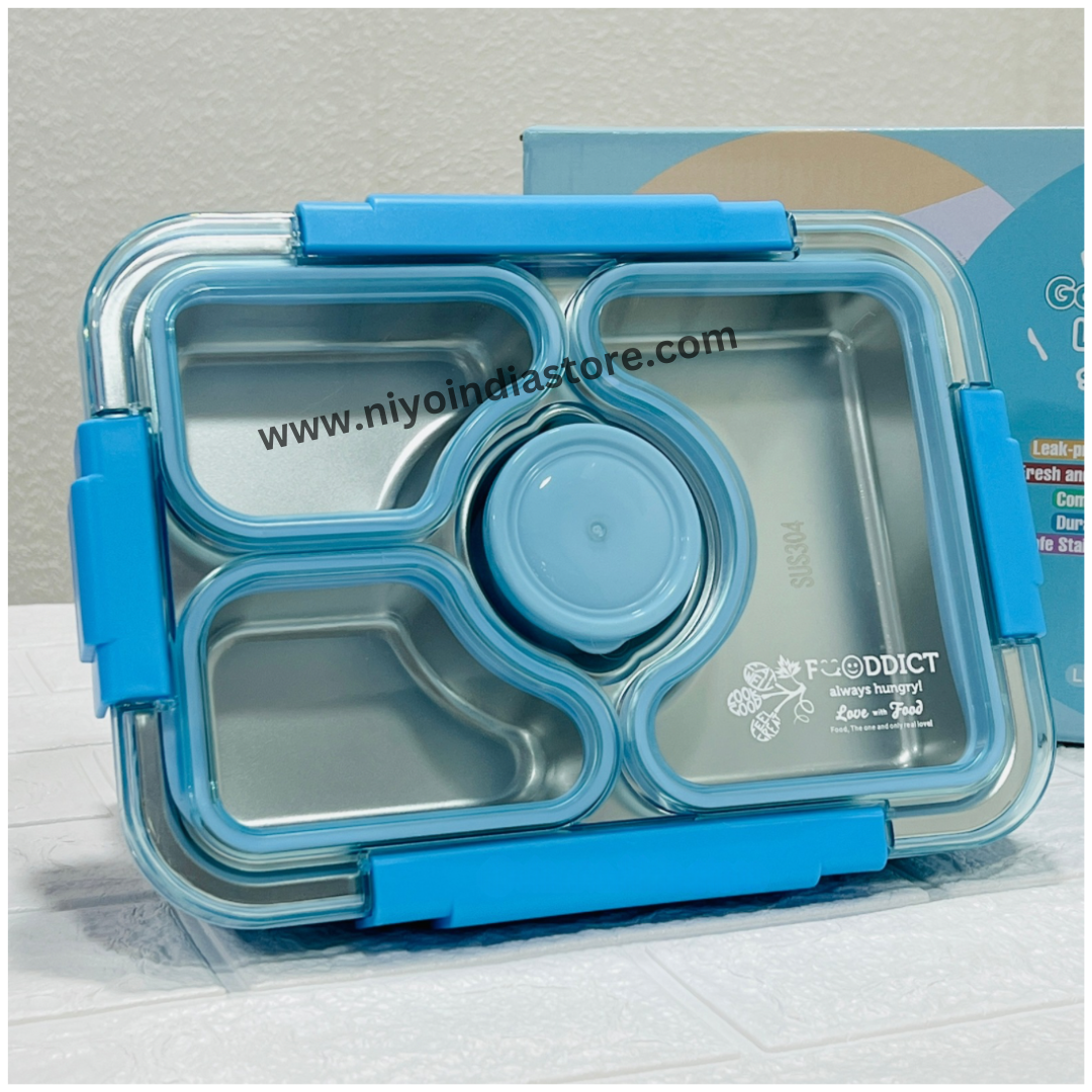 Niyo Toys blue divided stainless steel lunch box with leak-proof lid and multiple compartments