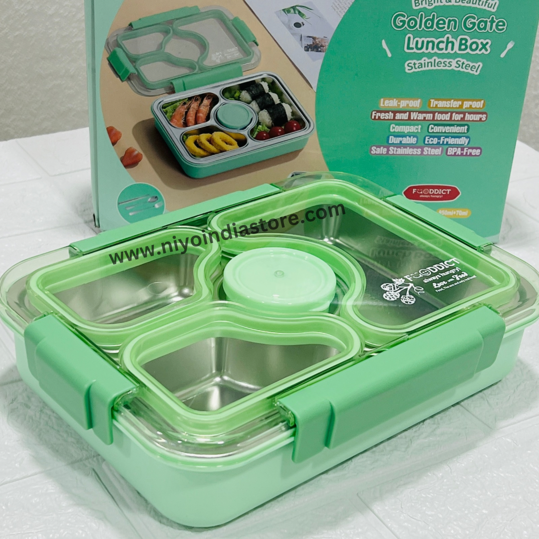 Niyo Toys Golden Gate Lunch Box stainless steel with multiple compartments and airtight green lid