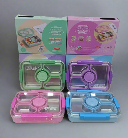 Niyo Toys colorful four-compartment kids lunch boxes in green, purple, pink, and blue with secure lids and matching packaging