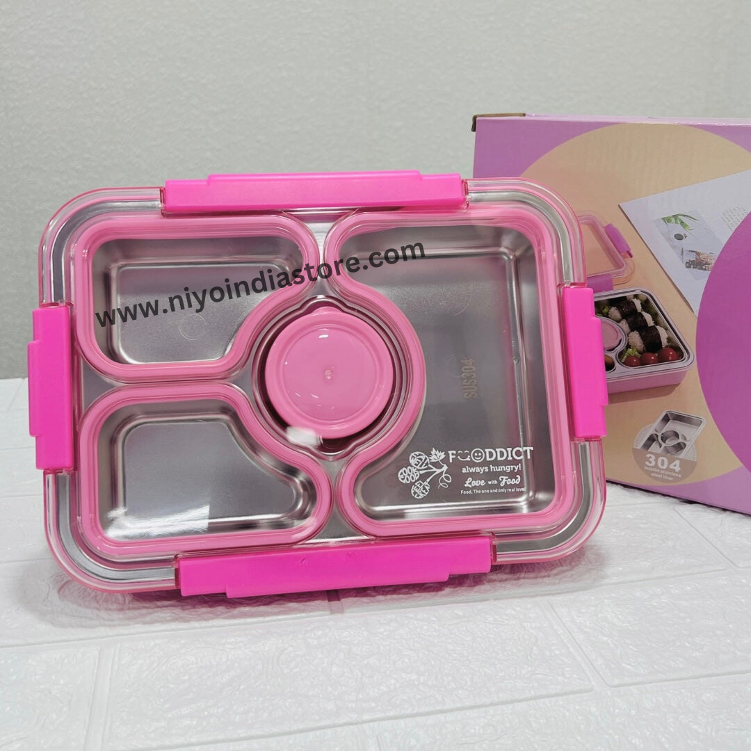 Pink NIYO TOYS stainless steel lunch box with multiple compartments and airtight lid