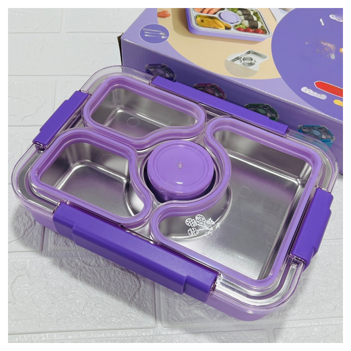 NIYO TOYS purple lunch box with multiple stainless steel compartments and clear lid