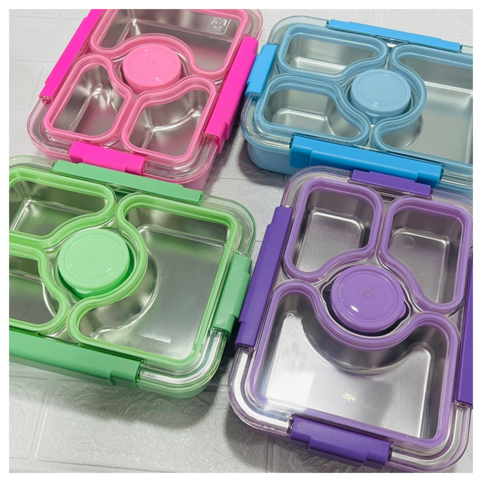 NIYO TOYS colorful divided stainless steel lunchboxes with secure plastic lids in pink blue green and purple