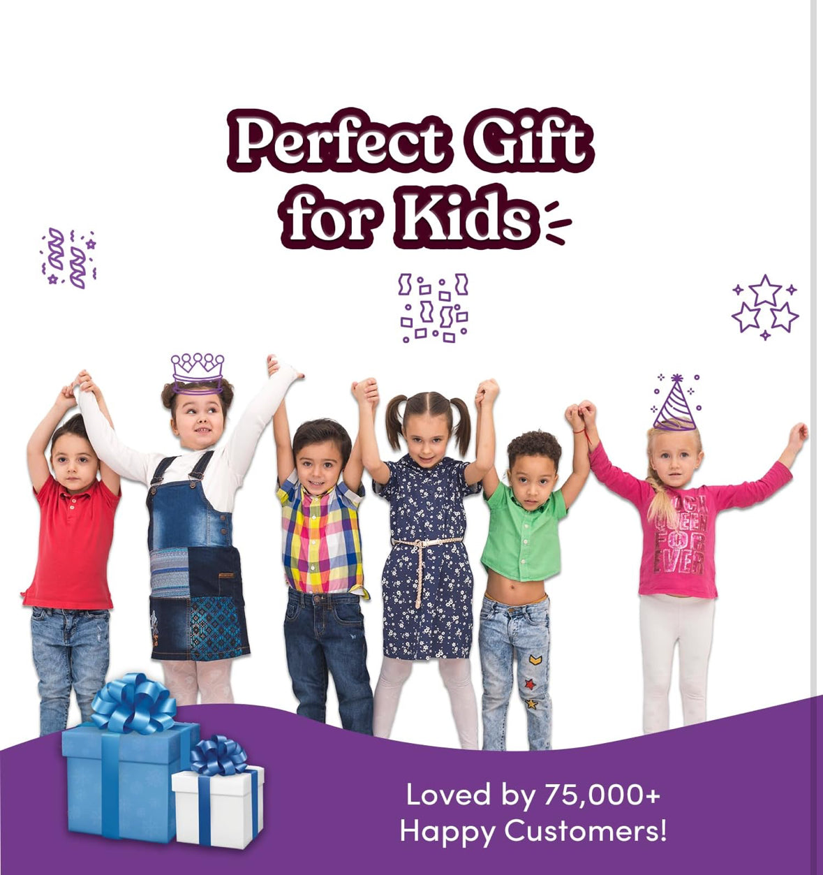 NIYO TOYS perfect gift for kids with happy children holding hands and blue gift boxes