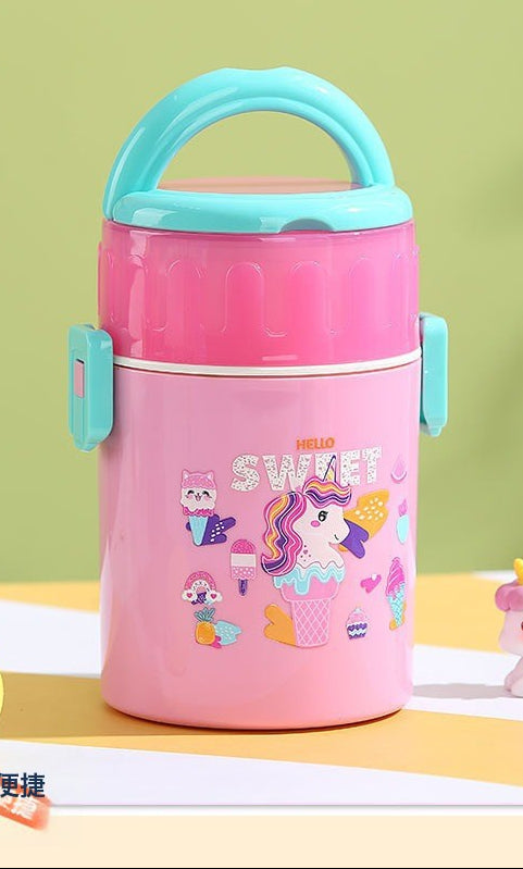 Kids Plastic Double Layer Lunch Box with Handle – Cute Cartoon Design (plastic)