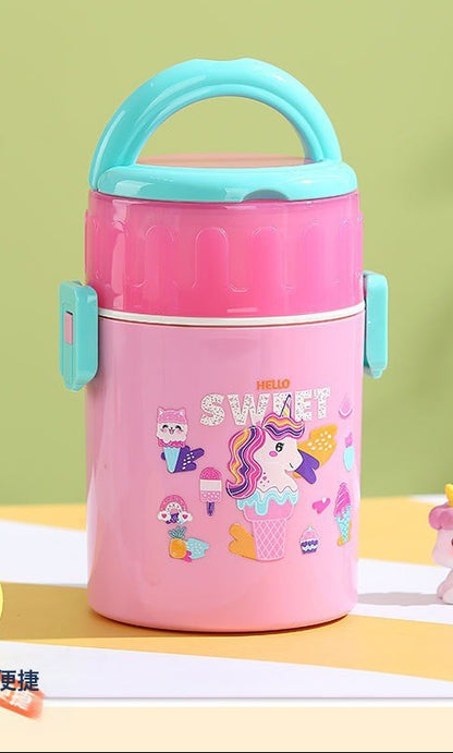Kids Plastic Double Layer Lunch Box with Handle – Cute Cartoon Design (plastic)