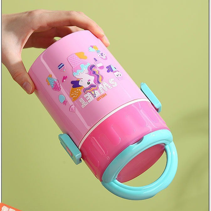 Kids Plastic Double Layer Lunch Box with Handle – Cute Cartoon Design (plastic)
