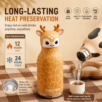 Kawaii Animal Insulated Water Bottle – 480ml | Cute Kids School Sipper