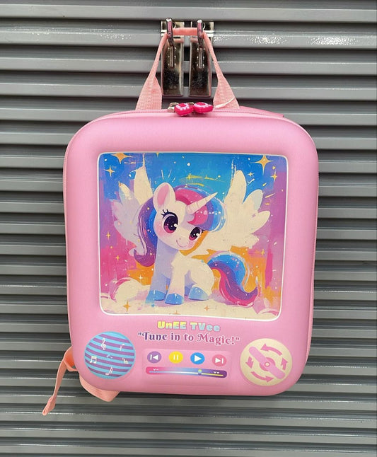 Pink 3D kids backpack by NIYO TOYS featuring a colorful unicorn design with wings and magic theme