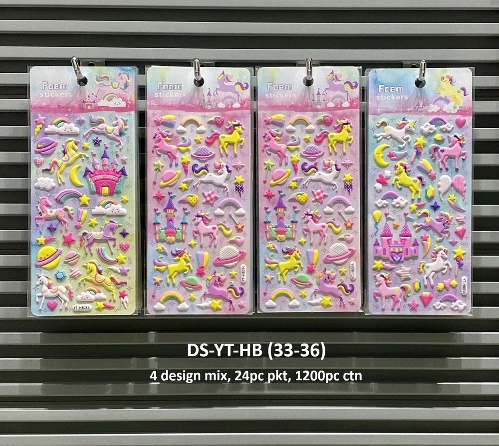 Colorful 3D stickers featuring unicorns and castles for kids age 3+, perfect for decorating crafts and school projects