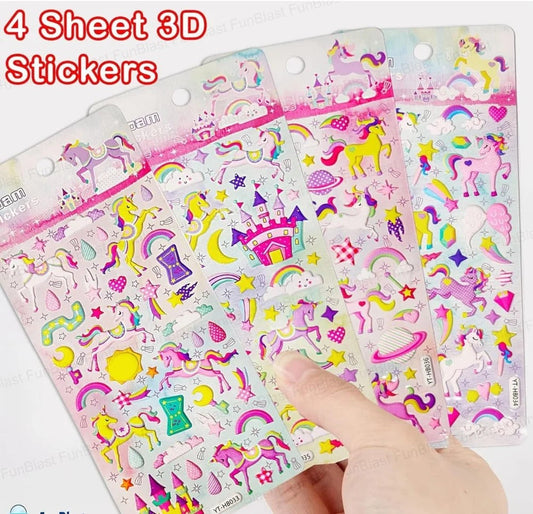 Four sheets of colorful 3D stickers featuring unicorns, stars, and rainbows for kids aged 3 and up