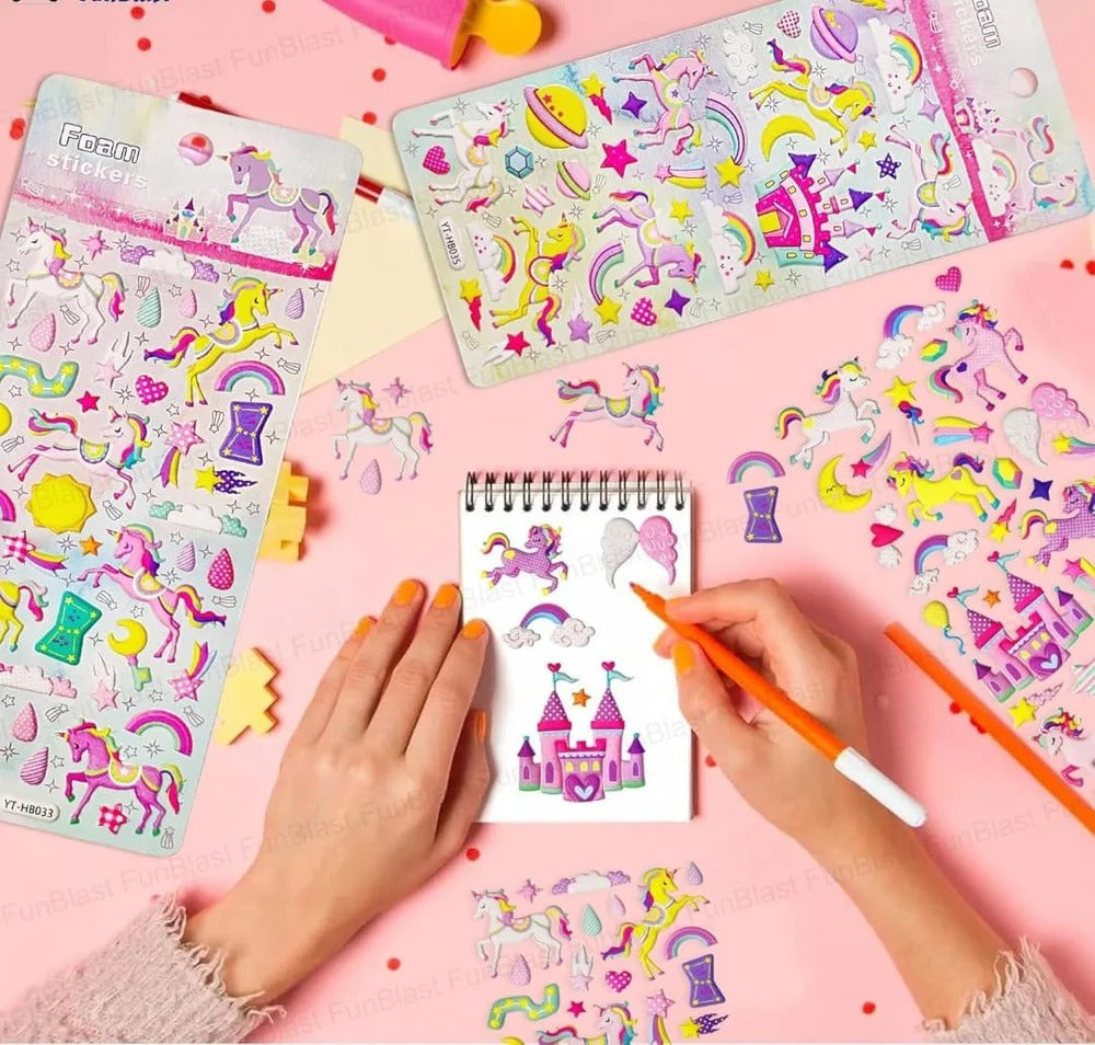 Colorful 3D stickers for kids featuring unicorns and castles, ideal for crafting age 3+