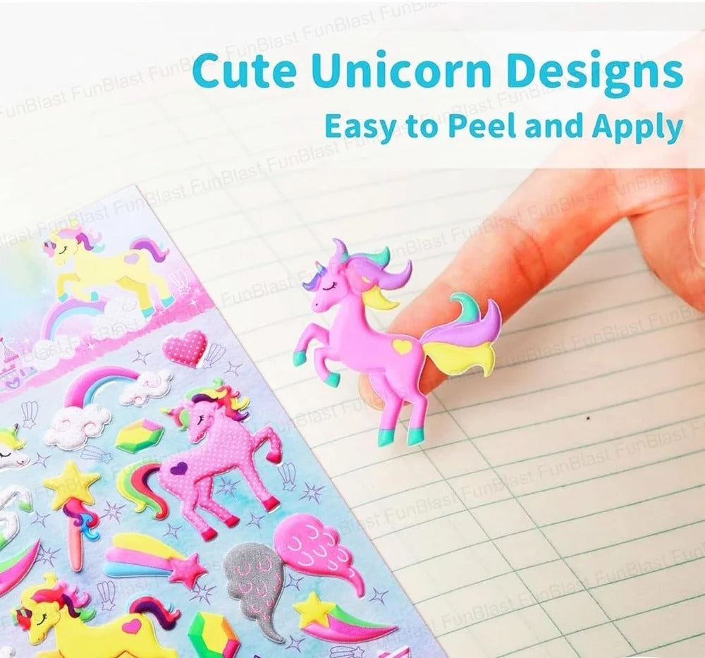 Colorful 3D stickers with cute unicorn designs, easy to peel and apply, ideal for kids age 3 and up
