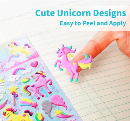 Colorful 3D stickers with cute unicorn designs, easy to peel and apply, ideal for kids age 3 and up