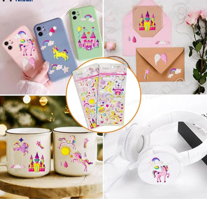 Colorful 3D stickers featuring unicorns and castles, perfect for kids aged 3+, suitable for crafts and decoration